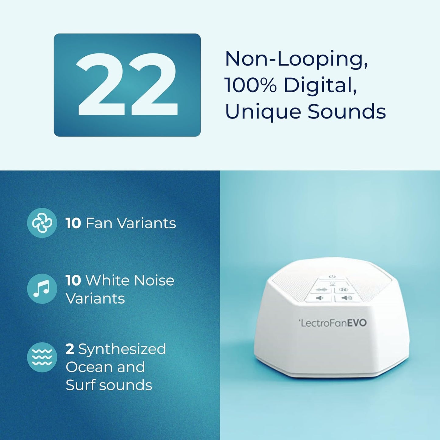 Adaptive Sound Technologies LectroFan EVO White Noise Machine - Compact Sleep Sound Machine for Bedroom, Travel, Study & More - 22 Non-Looping Fan, White & Ocean Noise Variations - White