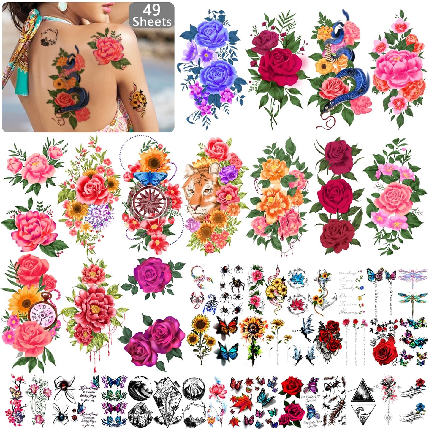 Yazhiji 49 Sheets Temporary Tattoos for Women and Men 3D Extra Large Waterproof Sexy Flowers Fake Tattoo Kits