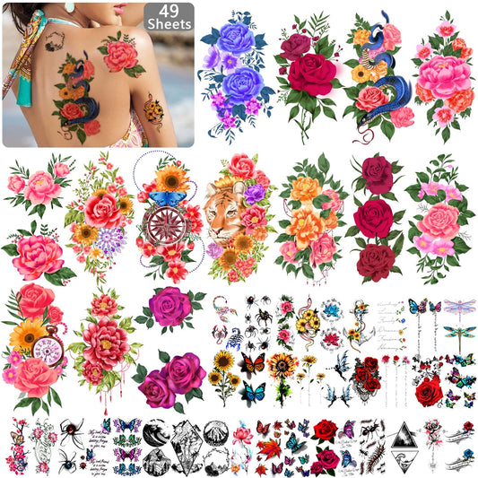 Yazhiji 49 Sheets Temporary Tattoos for Women and Men 3D Extra Large Waterproof Sexy Flowers Fake Tattoo Kits