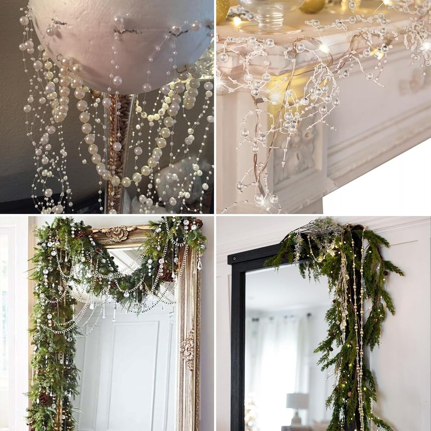 98FT Pearl Beads String Garland, 8mm 3mm White Faux Pearl Beads Roll Strand Bulk for Wedding Party Flower Christmas Decoration DIY Craft