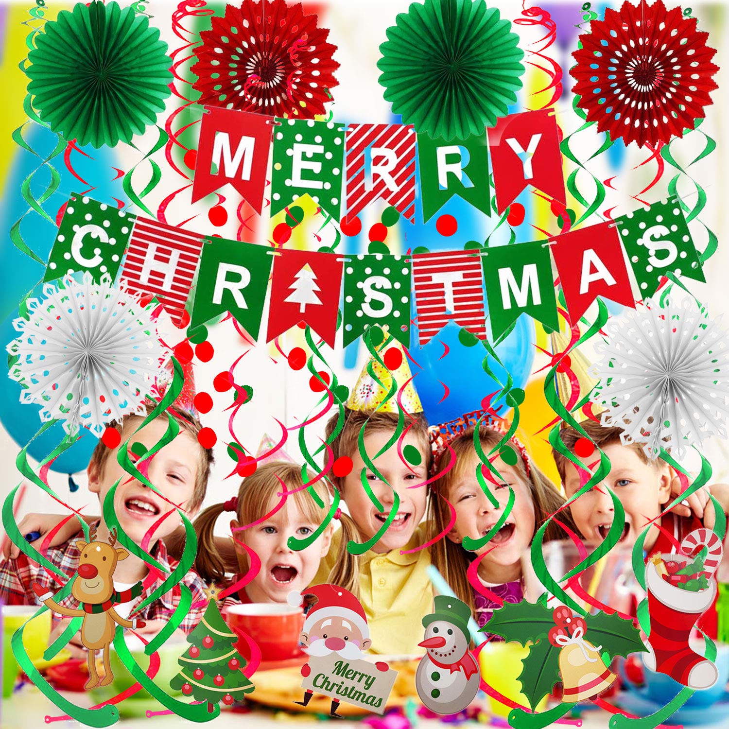 FECEDY Merry Christmas Banner Paper Fan Flower Circle Confetti Dots Hanging Garlandand Swirl