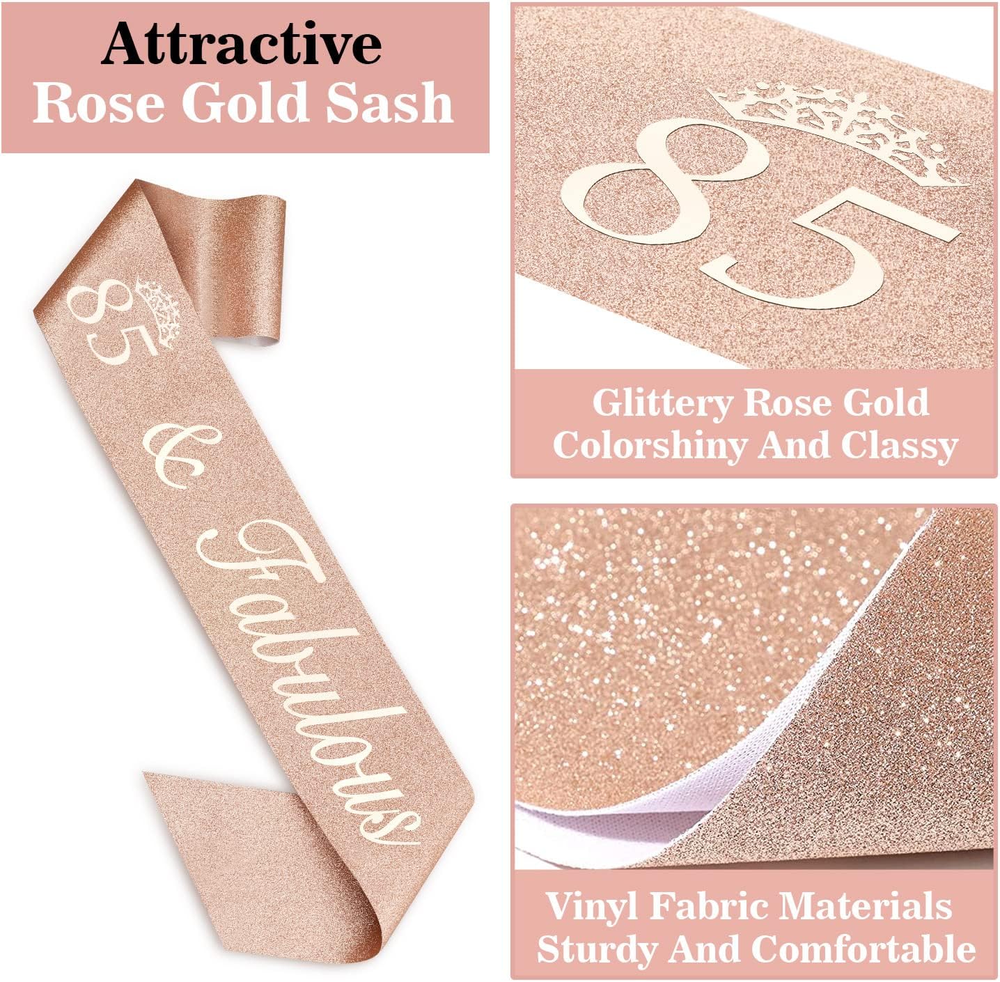 85th Birthday Party Decorations Including Sash, Crown, Numeral Candles and Cake Topper, Rose Gold 85th Birthday Decorations for Women