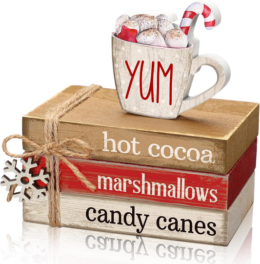 4 Pcs Christmas Table Decorations Winter Snowflake Tiered Tray Decorations Decorative Mini Wooden Books Subject Signs Block Centerpiece for Office Tabletop Shelf Housewarming Gifts