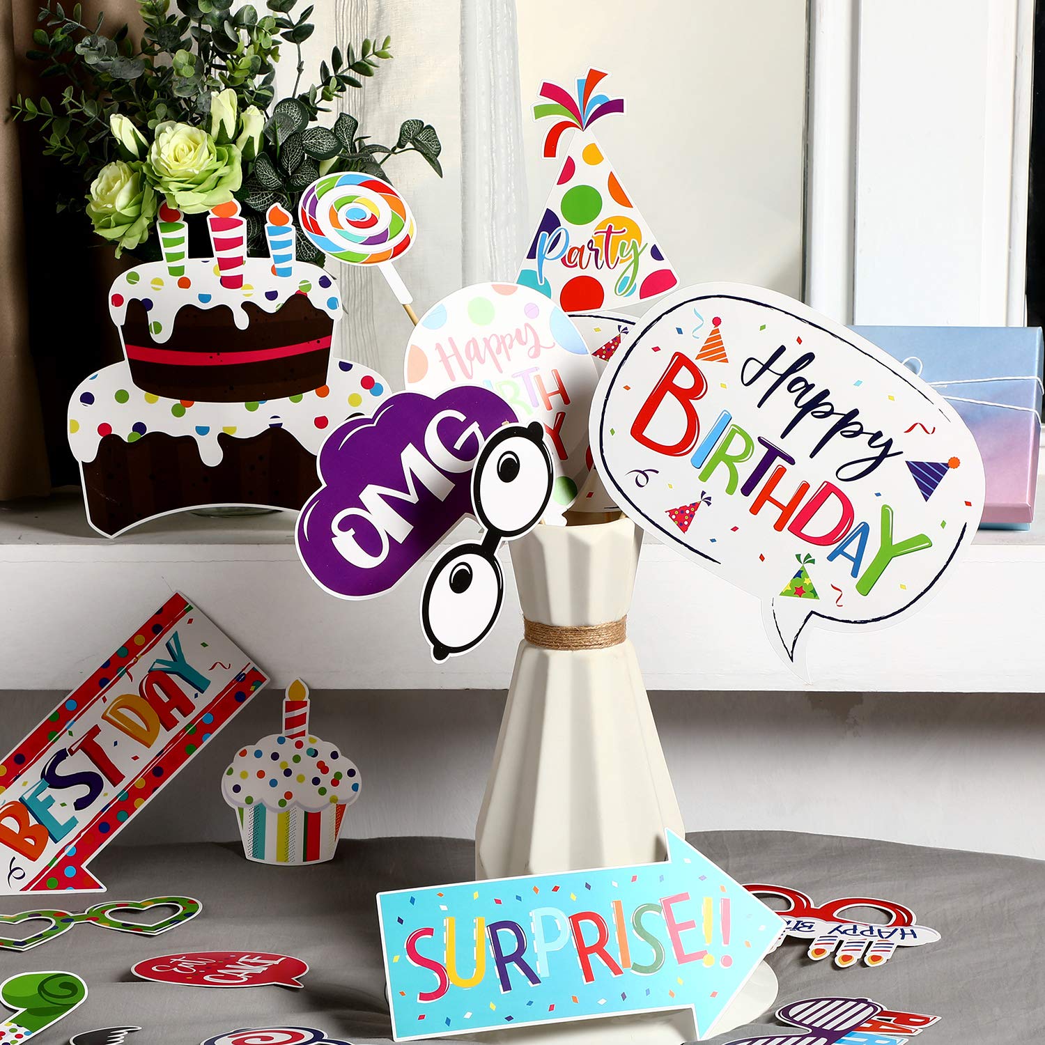 29 Pieces Birthday Photo Booth Props Kit Colorful Funny Kids Birthday Theme Table Centerpiece Craft