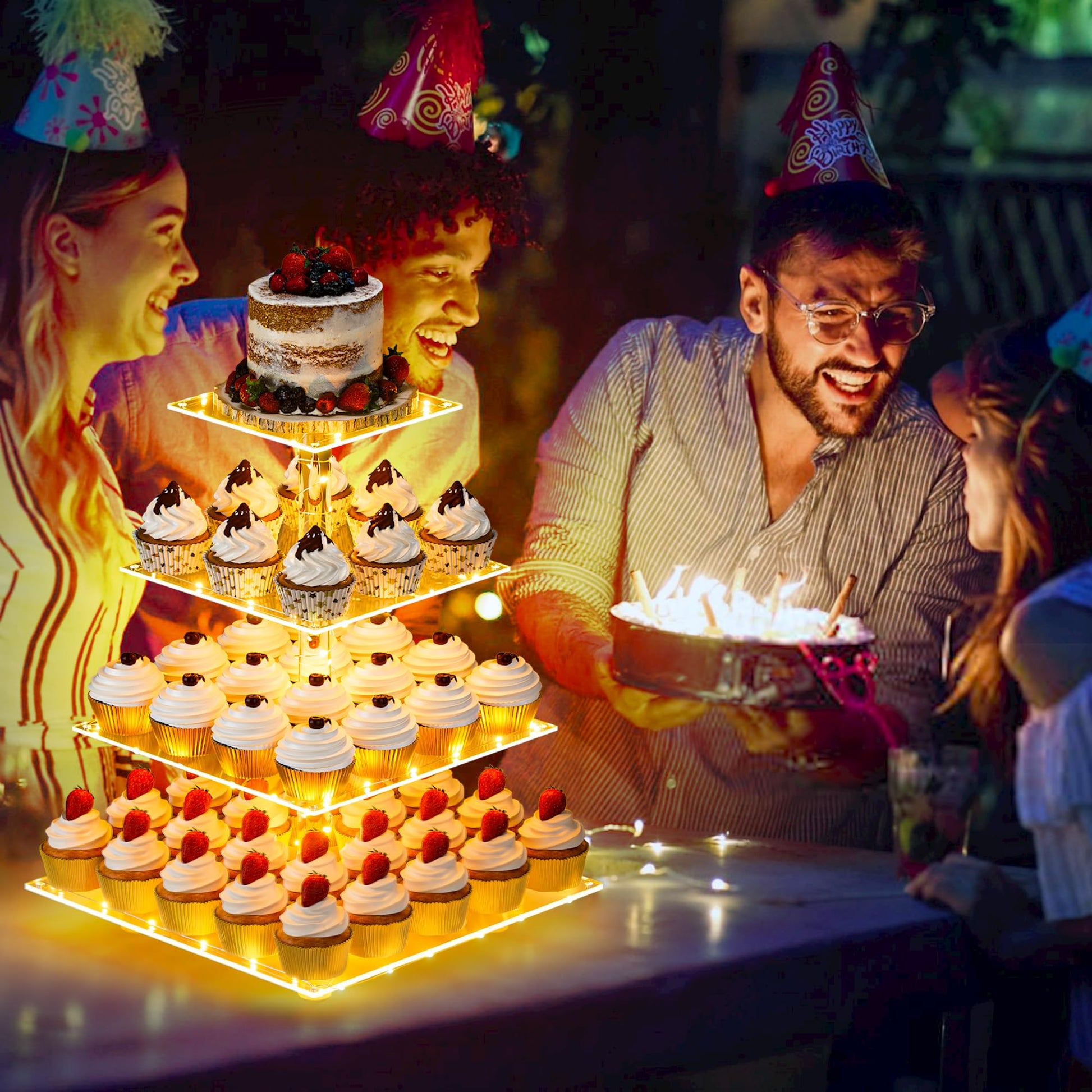 YestBuy Cupcake Stand with Yellow LED Lights, 4 Tier Cupcake Stand for 50 Cupcakes, Acrylic Cupcake