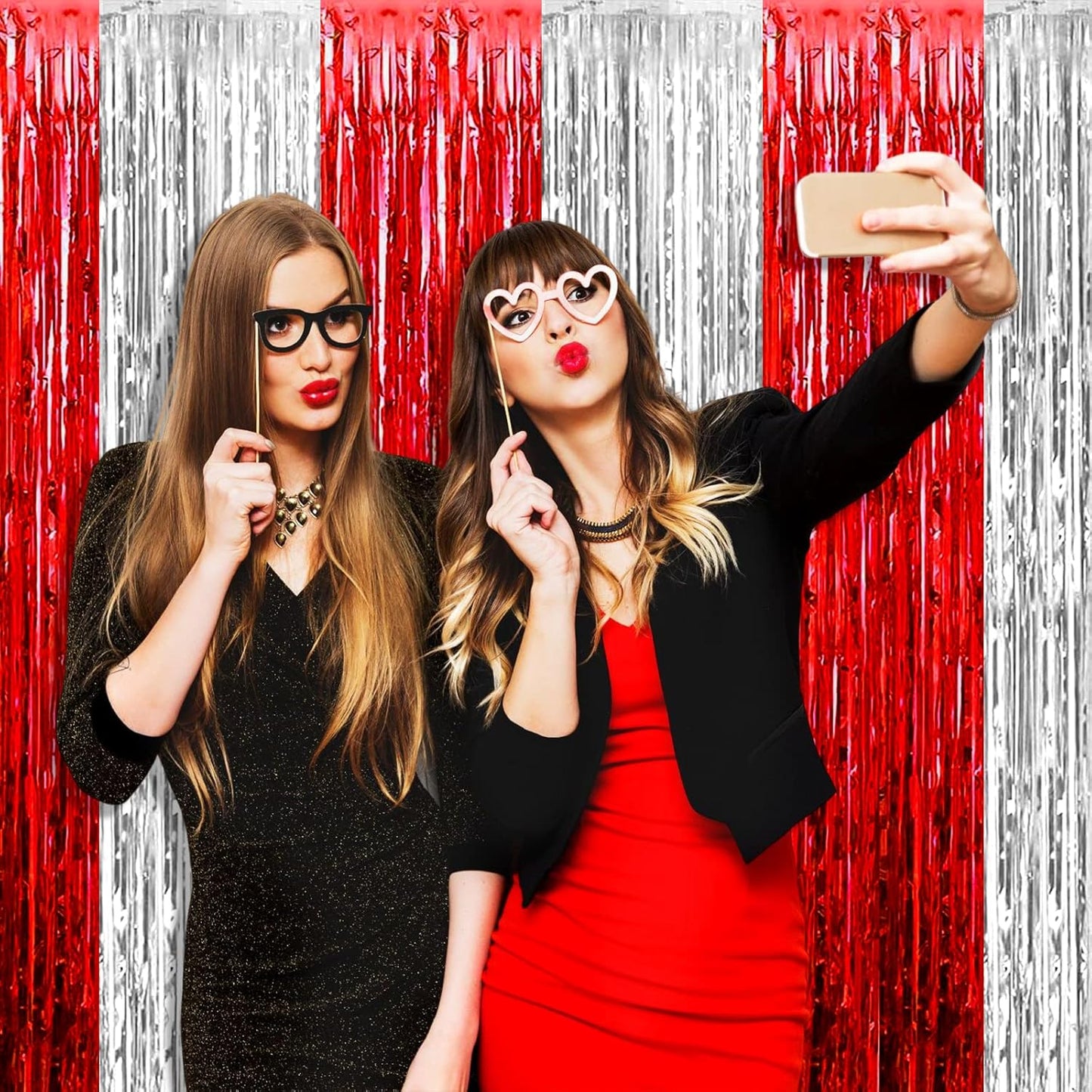 4 Pack Silver Red Foil Fringe Curtain Backdrop, 3.28Ft x 8.2Ft Metallic Tinsel Foil Fringe Streamers Curtains for Photo Booth, Wedding, Circus Welcome Carnival Birthday Party Decoration