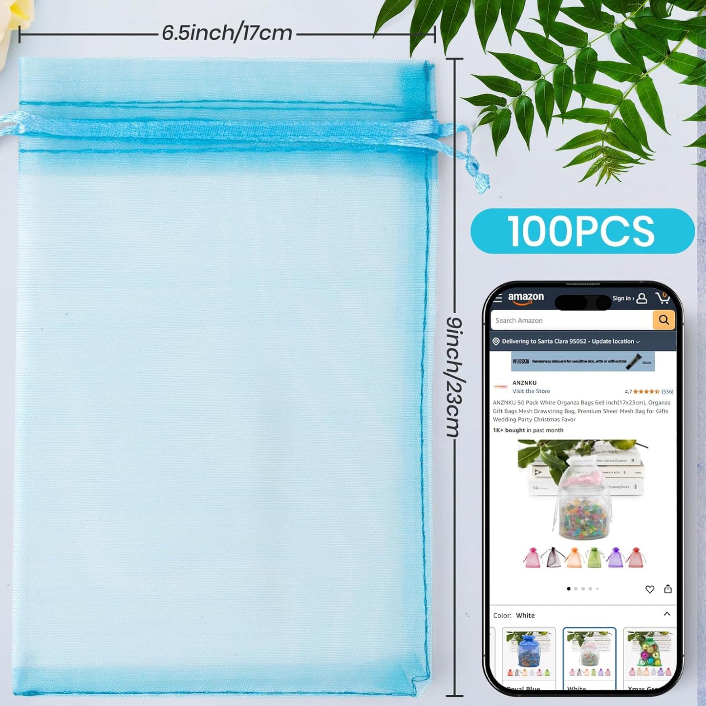 ANZNKU 100 Pack Organza Bags 6x9 Inch, Mesh Bag Drawstring Jewelry Pouches, Large Organza Gift Bags for Party Favor, Baby Shower(Lake Blue)