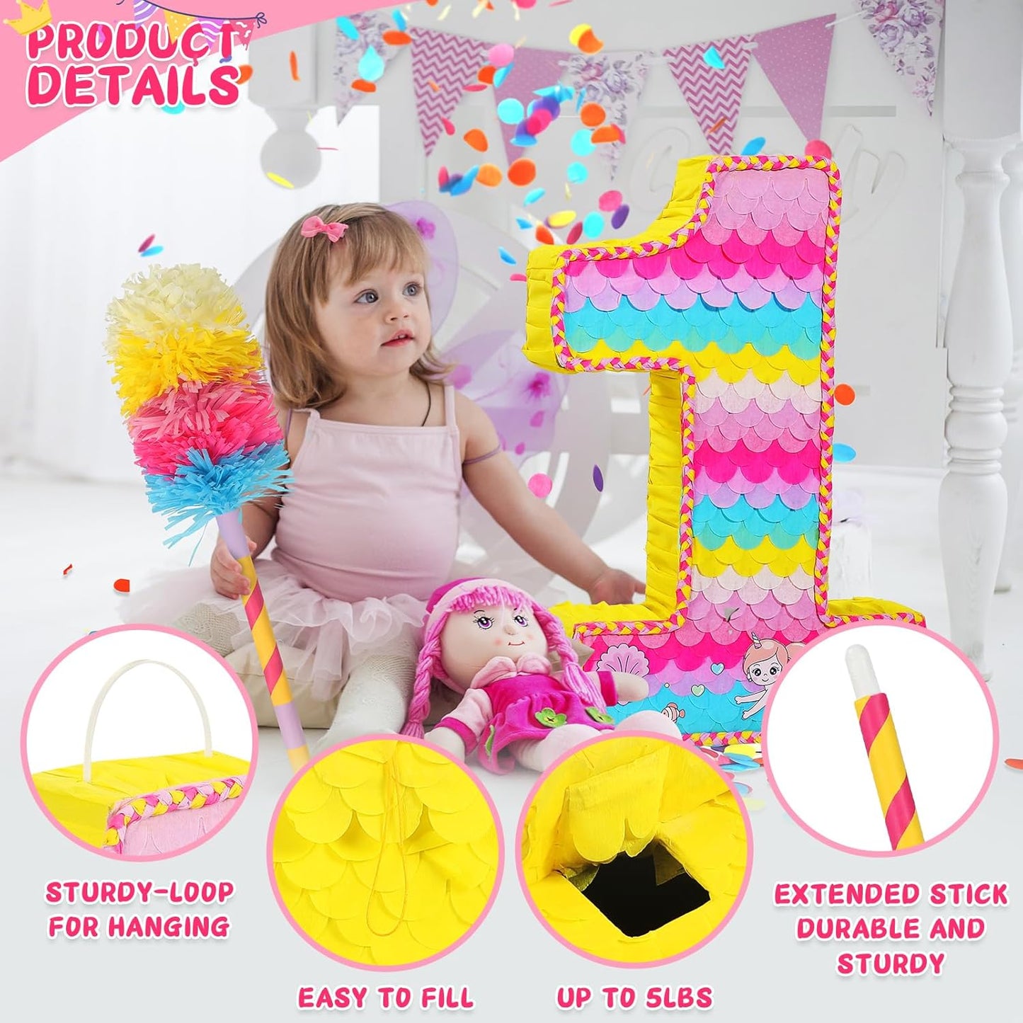 Number 1 Pinata for Birthday Party Decorations, Unicorn Mermaid Theme Pink Piñata Games Toy (1th)