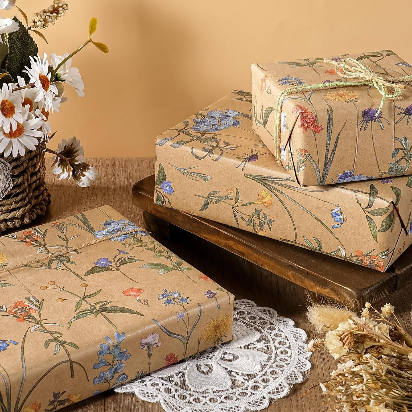 WRAPAHOLIC Kraft Floral Wrapping Paper Roll - Mini Roll - 17 Inch x 33 Feet - Wildflower Wrapping Paper Perfect for Girls Women Birthday, Wedding, Bridal Shower