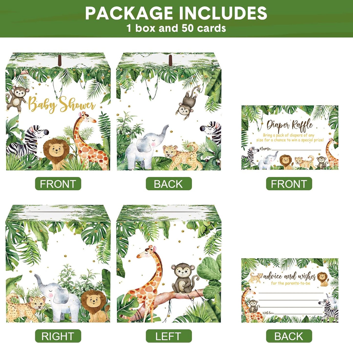 51 Pieces Woodland Baby Shower Card Box and Advice Cards, Diaper Raffle Game Box Tickets, Animals Safari Creatures Party Decorations for Baby Shower, Birthday, Gender Reveal (Jungle Animal Theme)