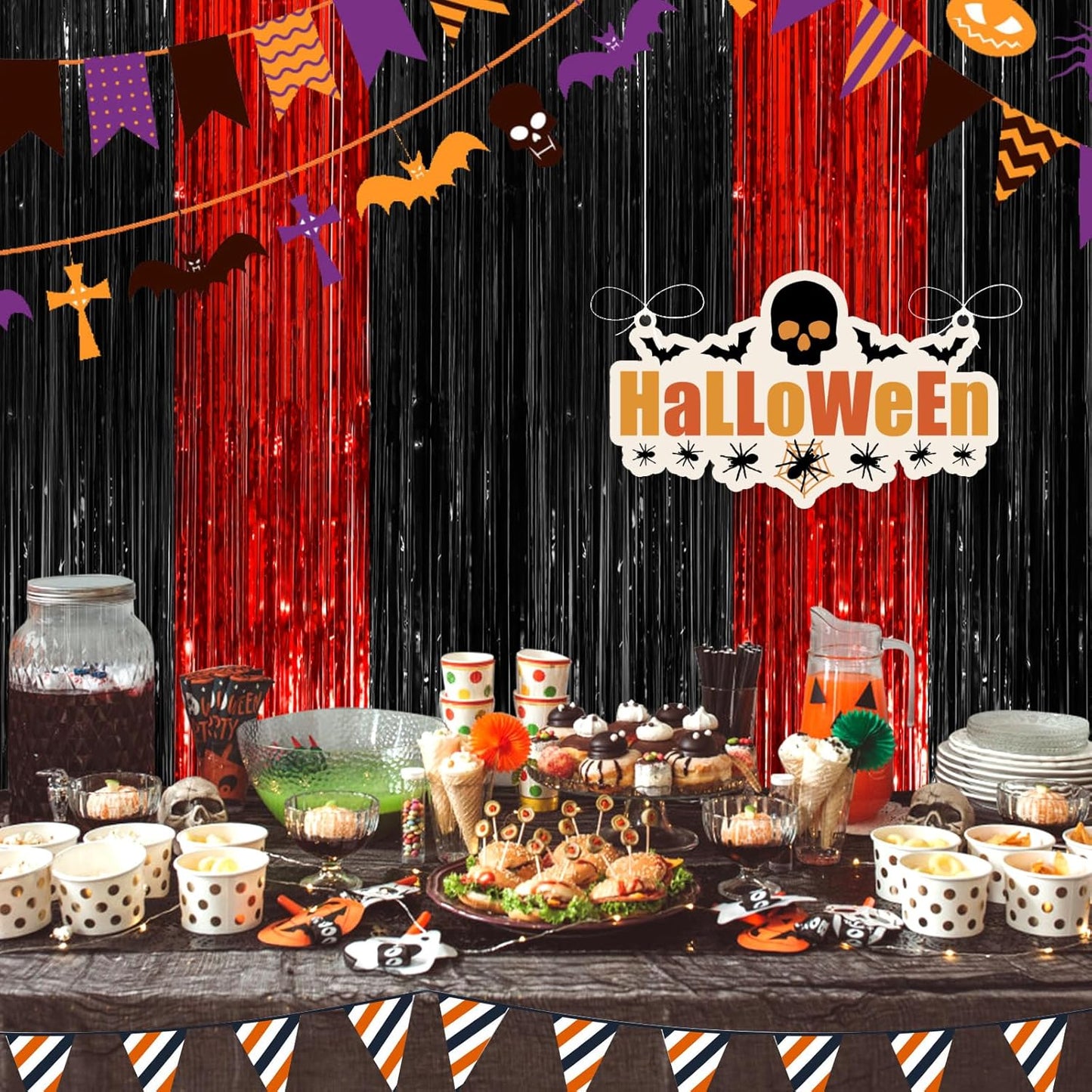 Black Red Fringe Curtain Party Streamers 2Pack 3.3 x 8.3 Ft Foil Fringe Backdrop Curtains for Birthday Wedding Bridal Baby Shower Holiday Tinsel Streamers Black Party Decorations Door Streamers