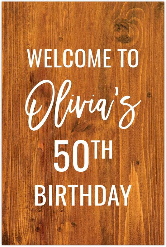 Andaz Press Personalized Extra Large Birthday Easel Board Party Sign, 12x18-inch, Rustic Barn Wood, Welcome to Olivia's 50th Birthday, 1-Pack, Custom Name Age