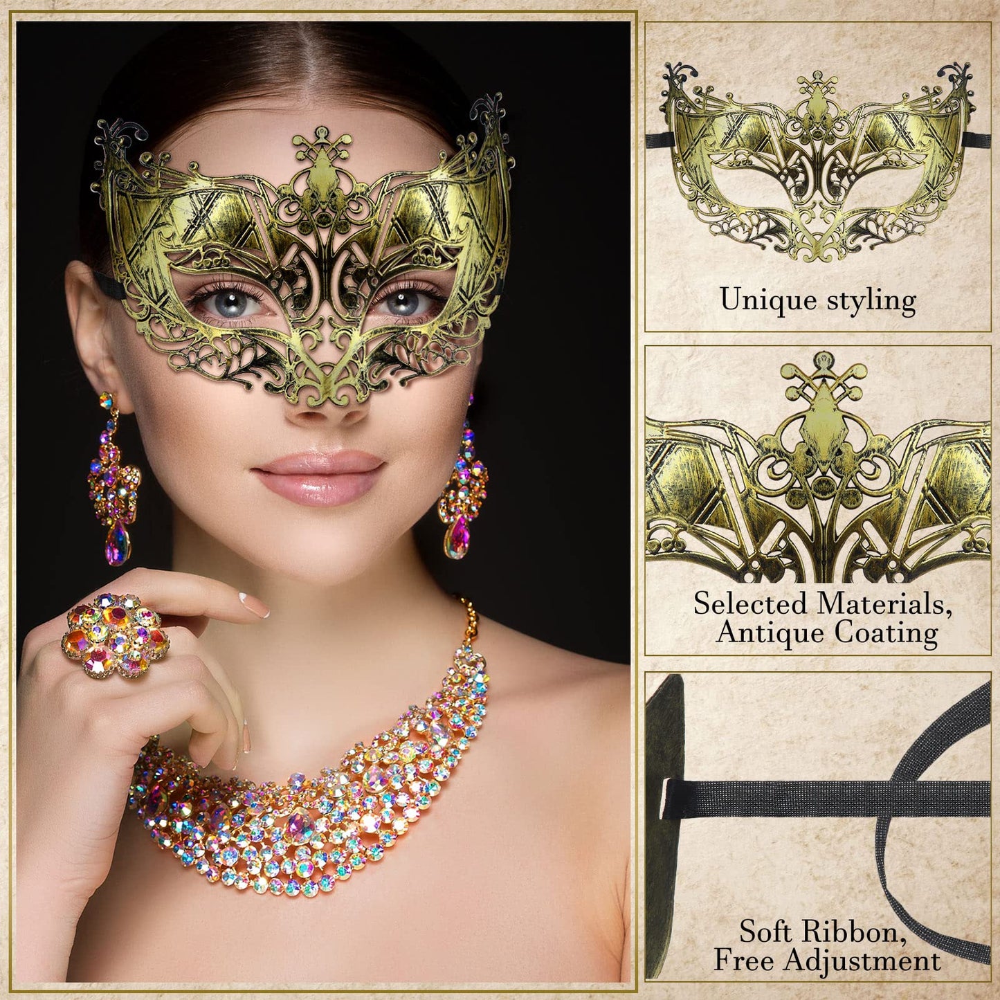 Yunsailing Masquerade Masks with Straps for Women Men,Gold