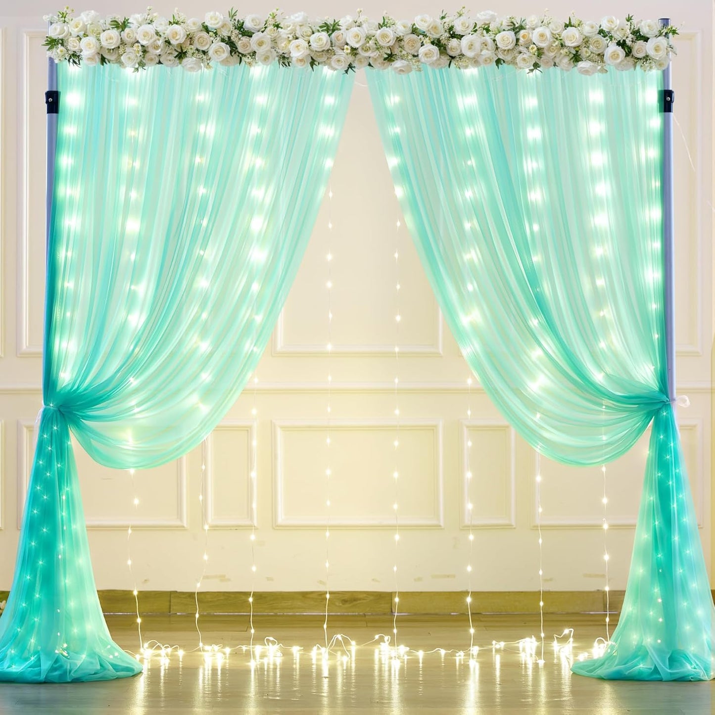 Sage Green Tulle Backdrop Curtains with Lights String for Parites 10x10ft Sheer Backdrop Curtains Drapes for Birthday Party Bridal Shower Baby Shower Christmas Wall Photo Booth Background Decorations