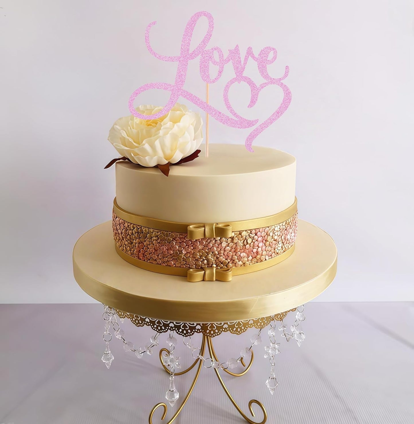 Love Cake Topper - Pink Glitter Paper Wedding Cake Decoration Supplies, Perfect for Bridal Shower/Engagement/Anniversary/Birthday Party