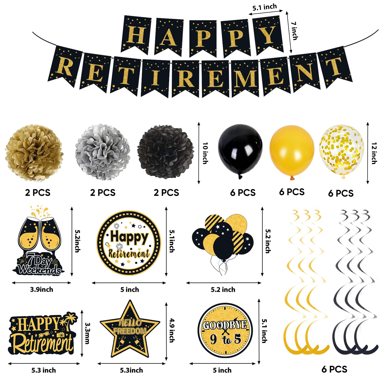 Retirement Party Decorations for Men Women Black Gold Happy Retirement Banner Backdrop Balloons