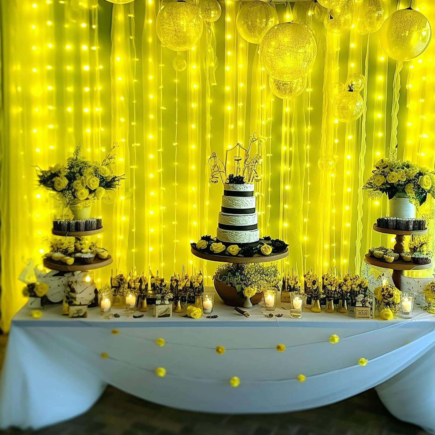 Yellow Tulle Backdrop Curtains with Lights String for Birthday Party Photoshoot 10ft × 8ft Sheer Backdrop Curtains for Baby Shower Wedding Background Decorations 2 Panels 5×8ft