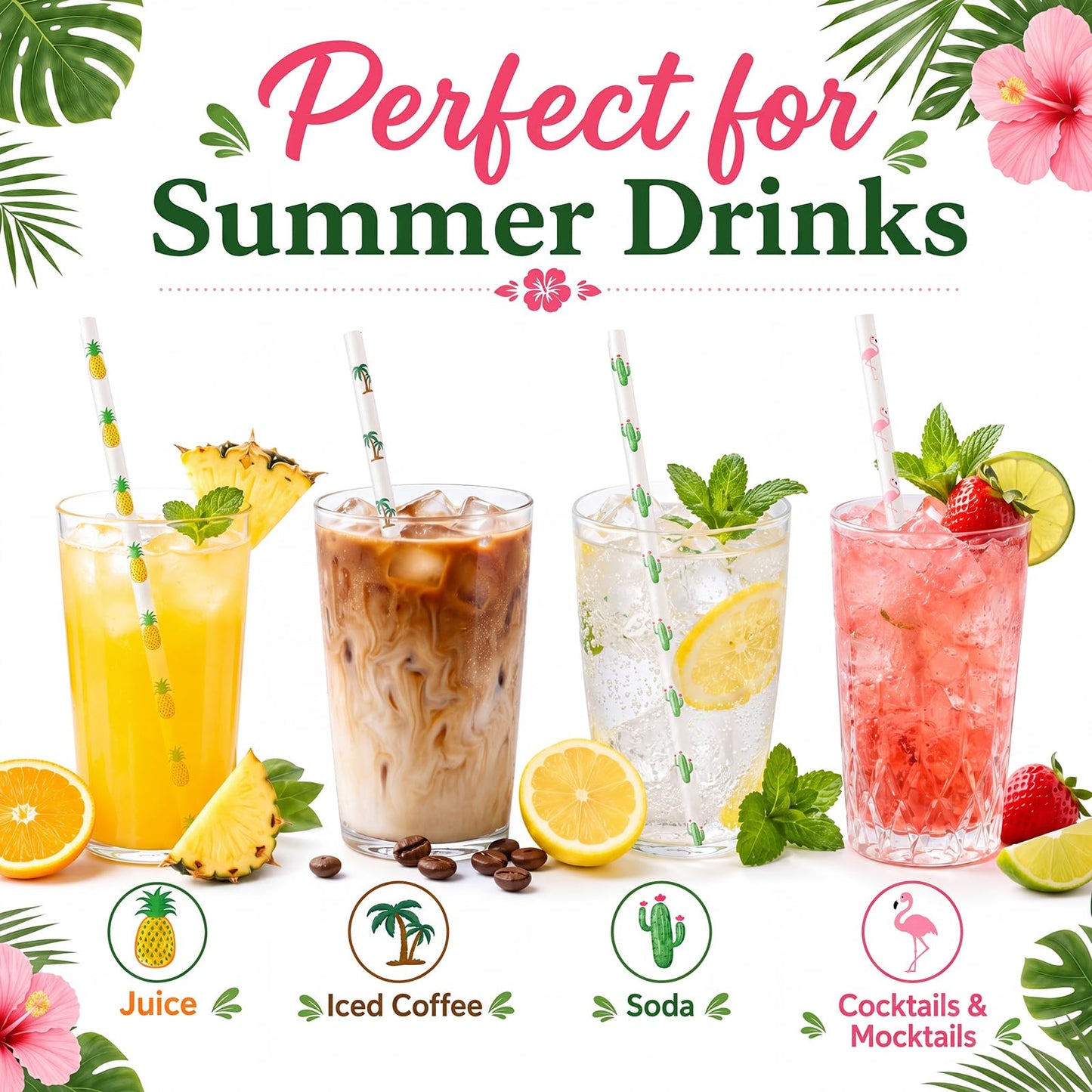 ALINK 100 Pack Tropical Paper Straws - 7.75" Biodegradable Hawaii Party Straws with Flamingo