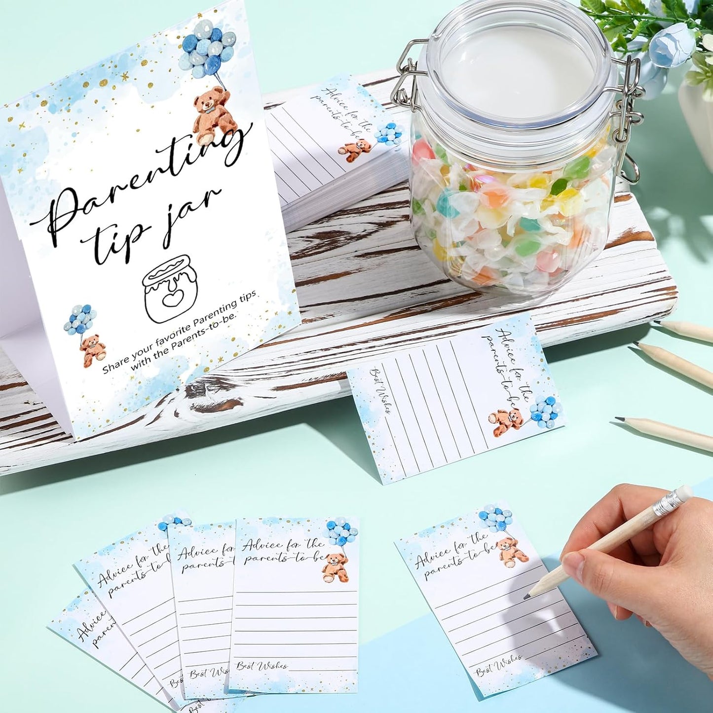 Roowest Baby Shower to Baby Advice Cards for New Parents to Be - Tip Jar Sign for New Parents 60 Parenting Advice Cards 10 HB Pencils 2 Cute Stickers 1 Pet Bottle for Guests Games(Blue Bear)