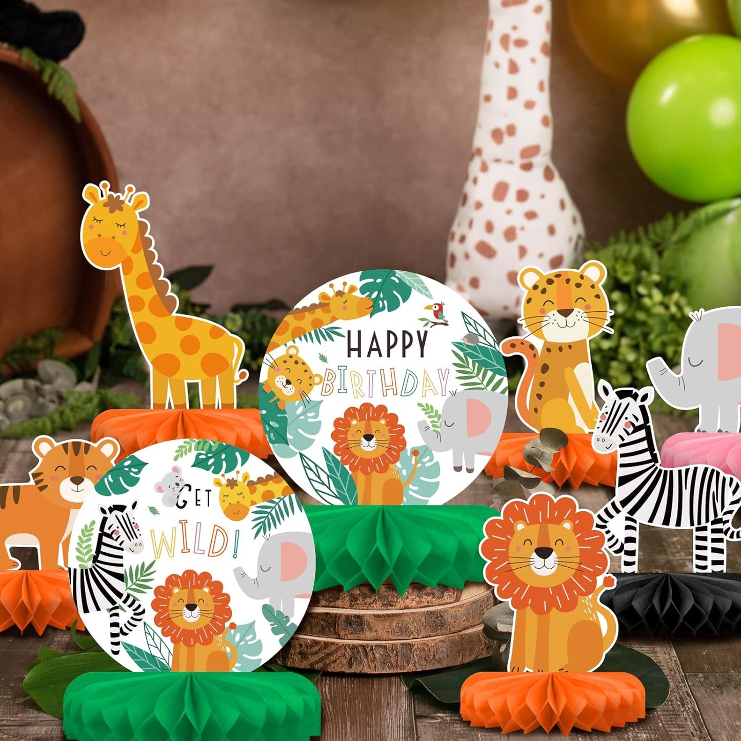 Safari Birthday Decorations Table Centerpiece - Jungle Animals Theme Party Supplies, Honeycomb Table Toppers for Animal Jungle Theme Party Decorations