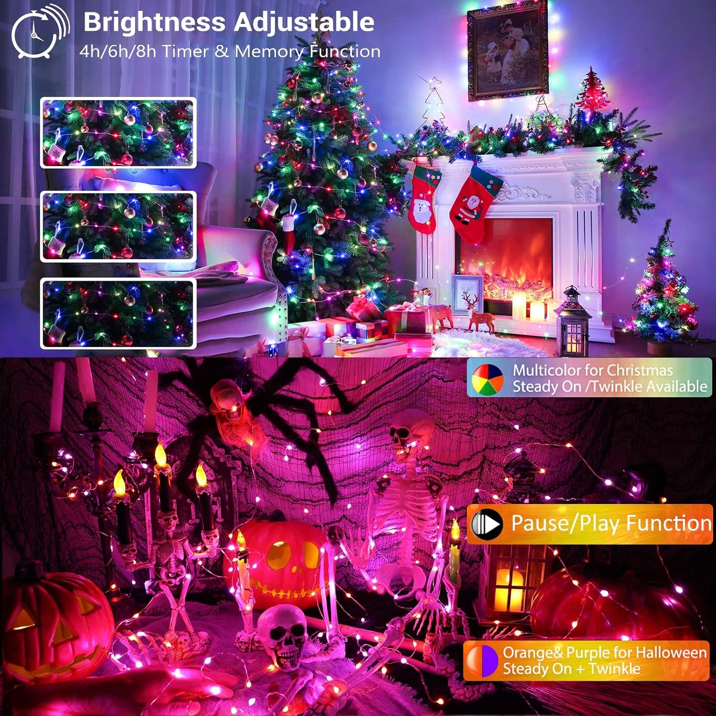 BrizLabs Christmas Fairy Lights - 66ft 200 LED Color Changing Fairy Lights with Remote, Plug-in RGB Rainbow Xmas Twinkle Light Indoor Purple Orange Starry Light for Xmas Halloween Home Party Wedding