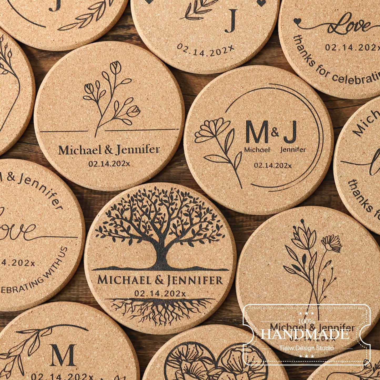 Personalized Cork Coasters - Custom Engraved Wedding Favor,Natural Round Drink Coasters, Bulk Guest Gifts, Bridal Shower,Party,Reception and Anniversary Gift Decor - Set of 25-300pcs