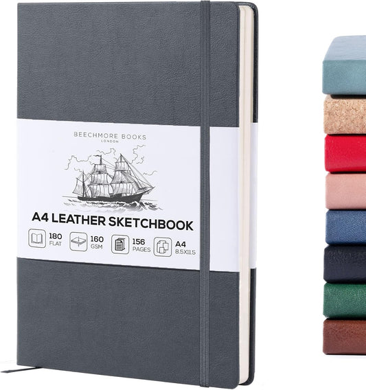 Beechmore Books A4 Sketchbook ??8.5x11 Premium Vegan Leather Bound Large Sketch Book Hardcover with 156 Thick 160gsm Perforated Ivory Pages, Blank Sketch Pad, Gift Boxed, Back Pocket, Ribbon Bookmark