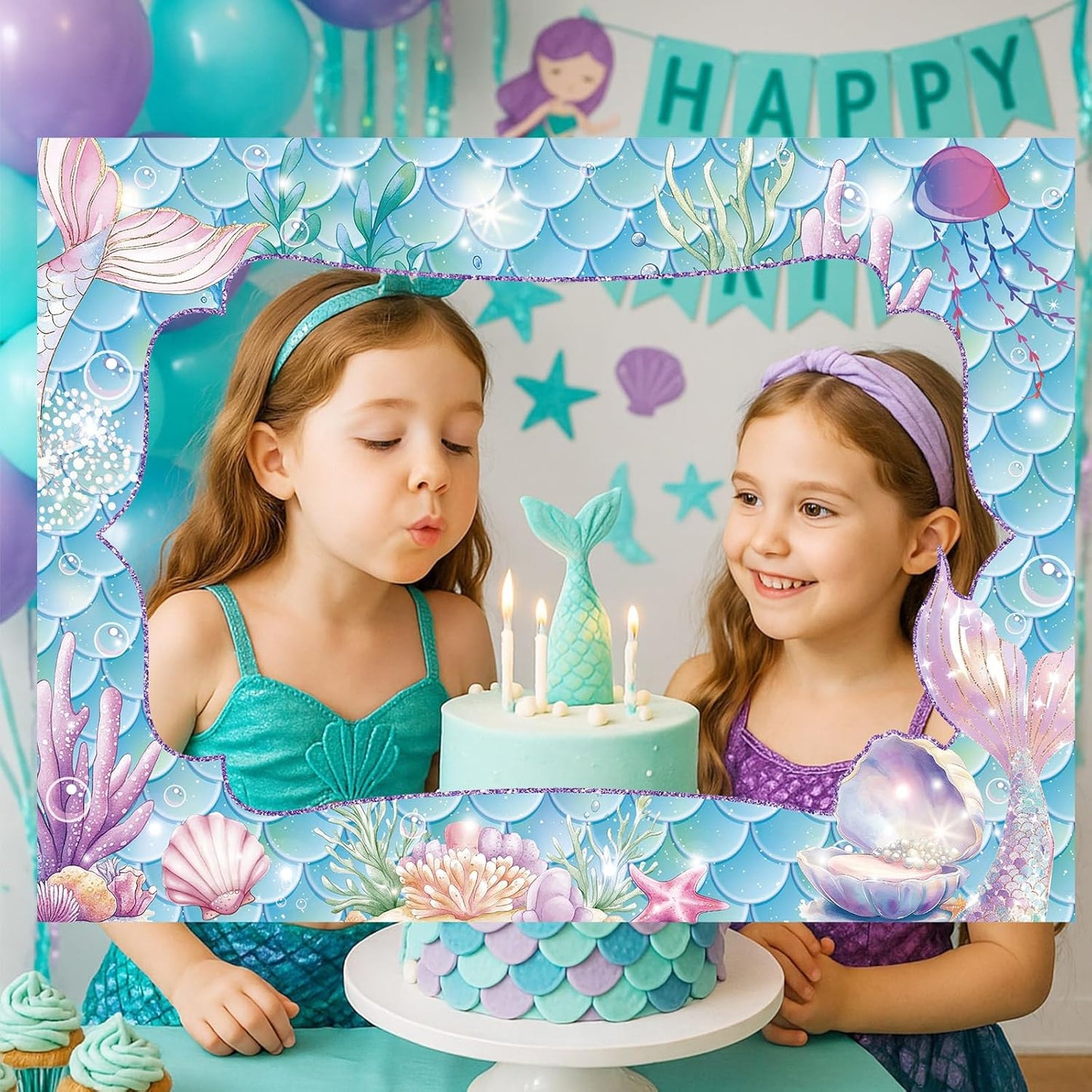 Upgraded 32 x 24 Inch Large Photo Booth Props Picture Frame Vintage Photo Frame Friends Selfie Props for Halloween Carnival Christmas Wedding Mexico Party Favors(Mermaid Style)