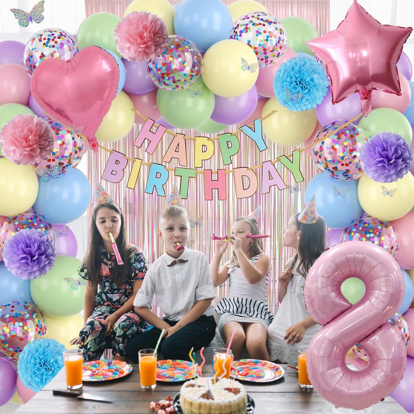 Pastel 8th Birthday Party Decorations for Girls Number 8 Balloon Happy Birthday Banner Butterfly Stickers Fringe Curtain Paper Pom Poms Macaron Pink Star Heart Foil Colorful Balloons 8 Year Old Decor