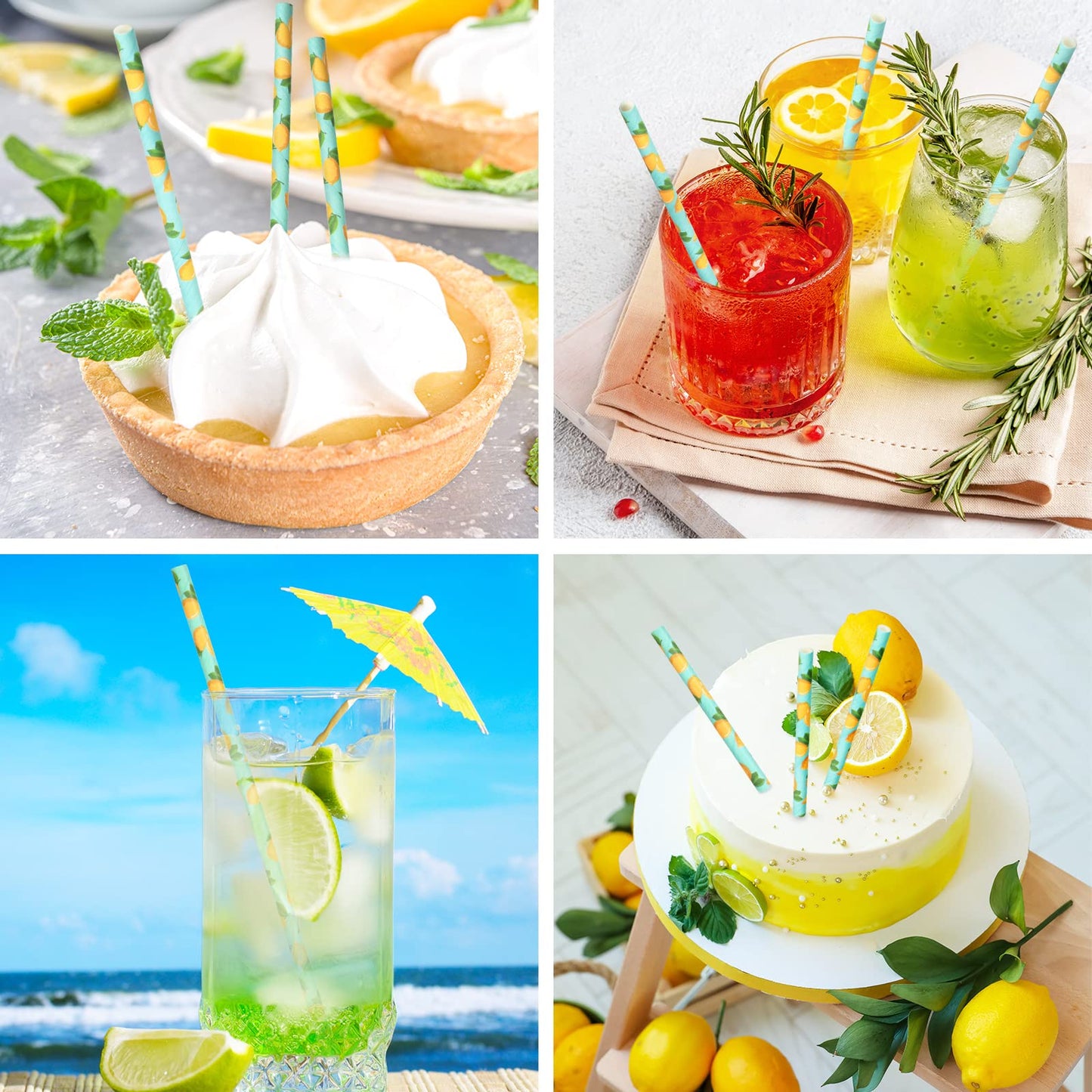 Whaline 200Pcs Watercolor Lemon Paper Straws Summer Disposable Drinking Straws Lemon Party