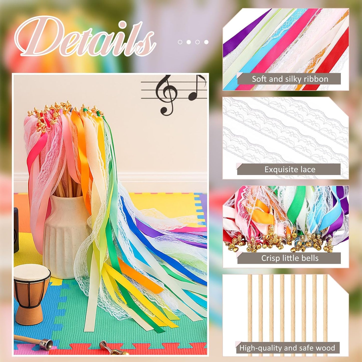 Taiyin 150 Pcs Lace Ribbon Stick Wands Wedding Wand Streamers with Bell Silk Ribbon Fairy Wand Wedding Send Off Streamer for Baby Shower Holiday Party Favors (Colorful)