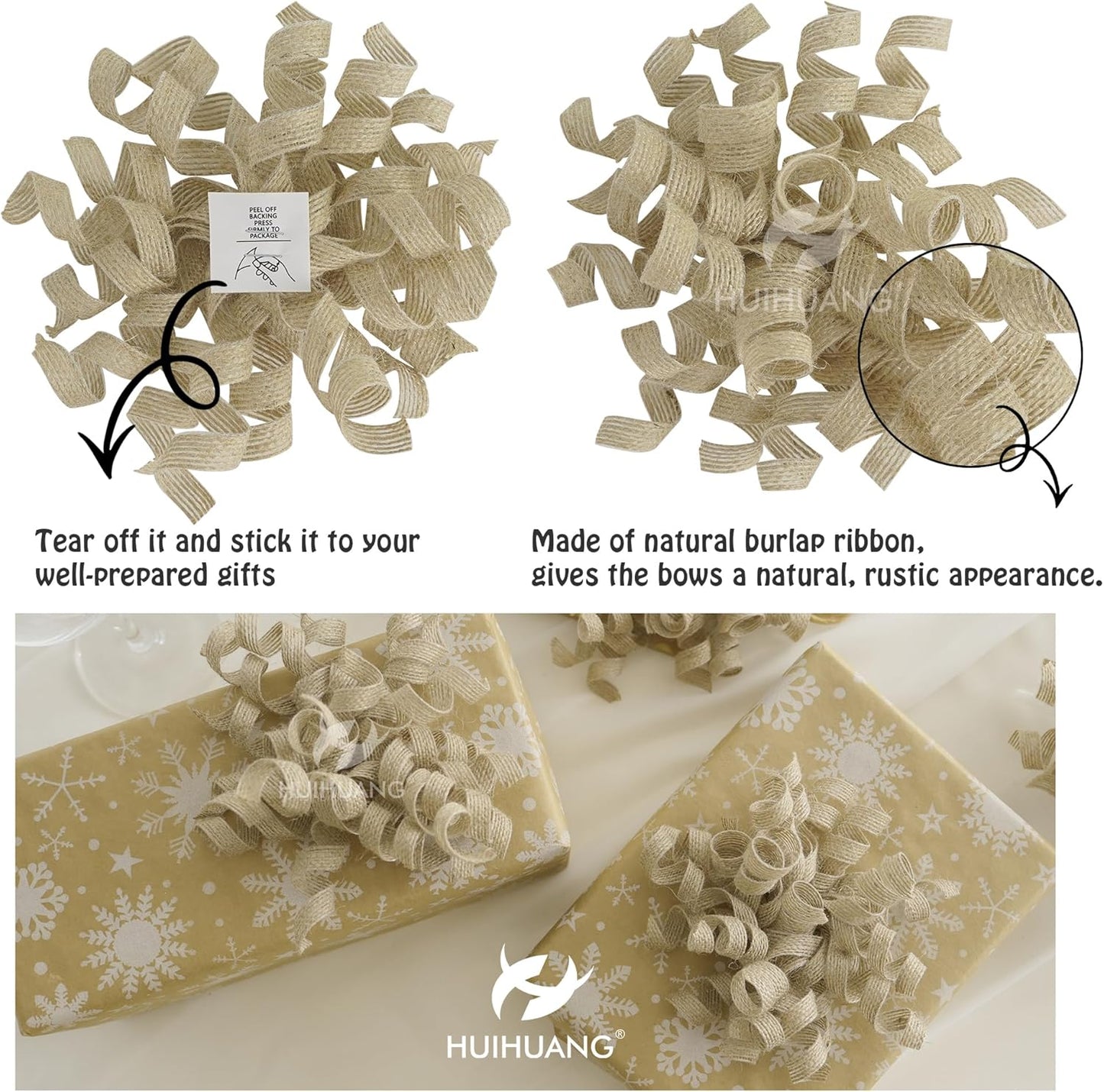 HUIHUANG Burlap Gift Bows Curly Bows for Gift Wrapping Self Adhesive Burst Gift Bow for Baby Shower, Wedding, Birthday Party Favors, Christmas Presents - 5 inch x 6 Counts