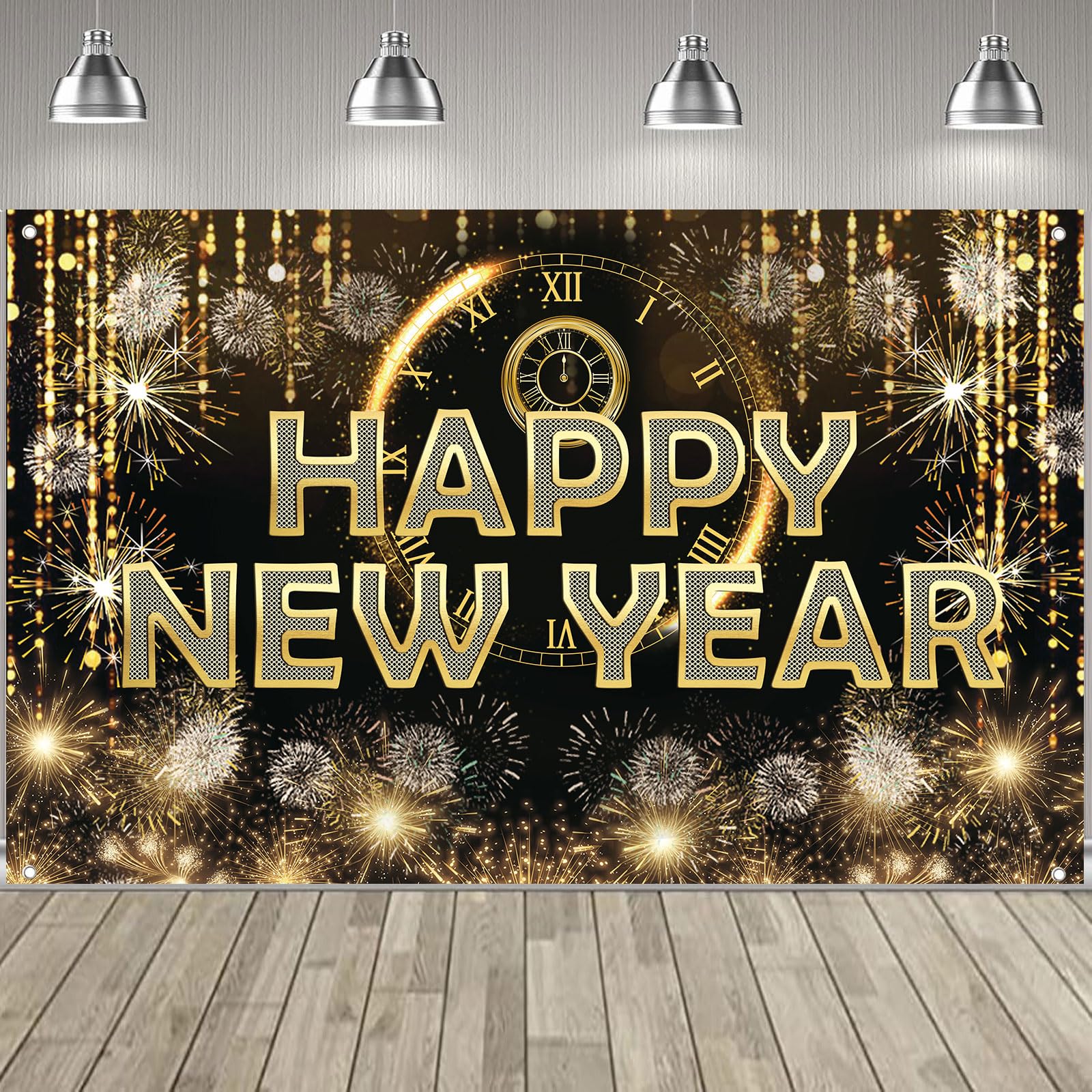 HAPPY NEW YEAR Hanging Extra Large Fabric Sign Poster Black Background Banner with Firework Pattern