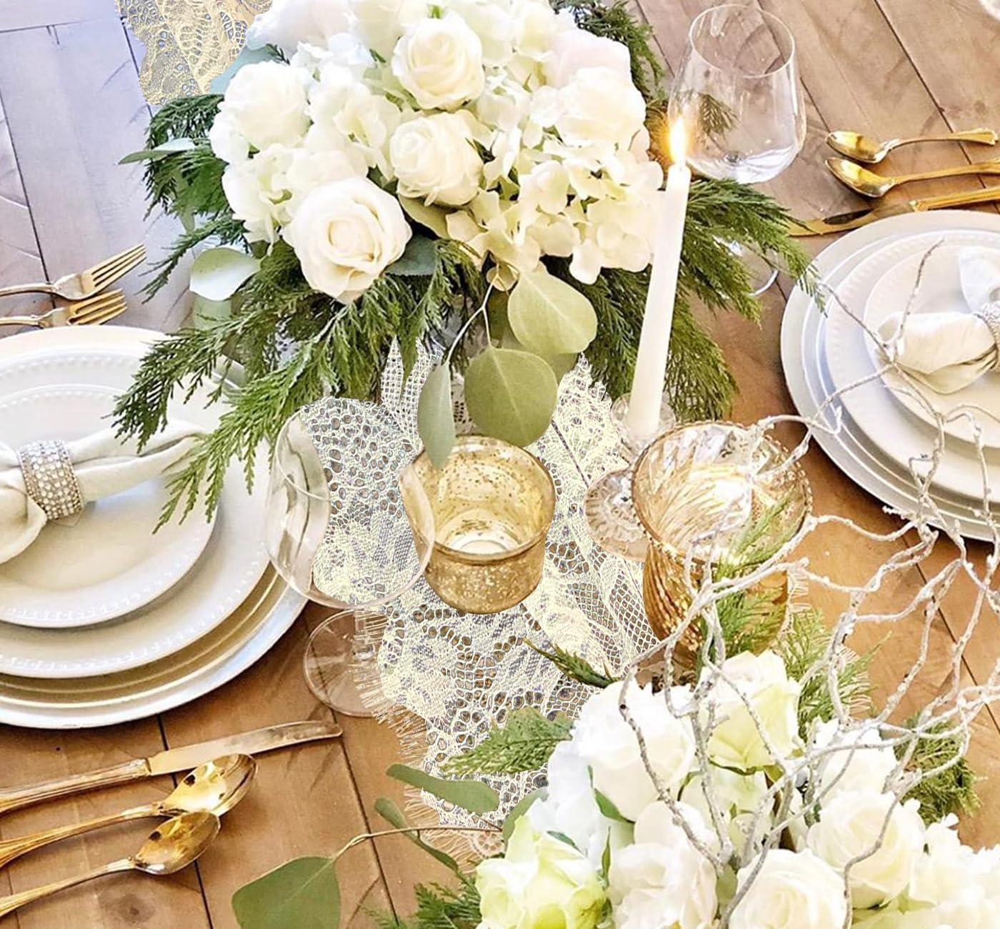 3 Pcs White Lace Table Runner 14 x 120 Inch Embroidered Boho Table Runner for Wedding Party Bridal