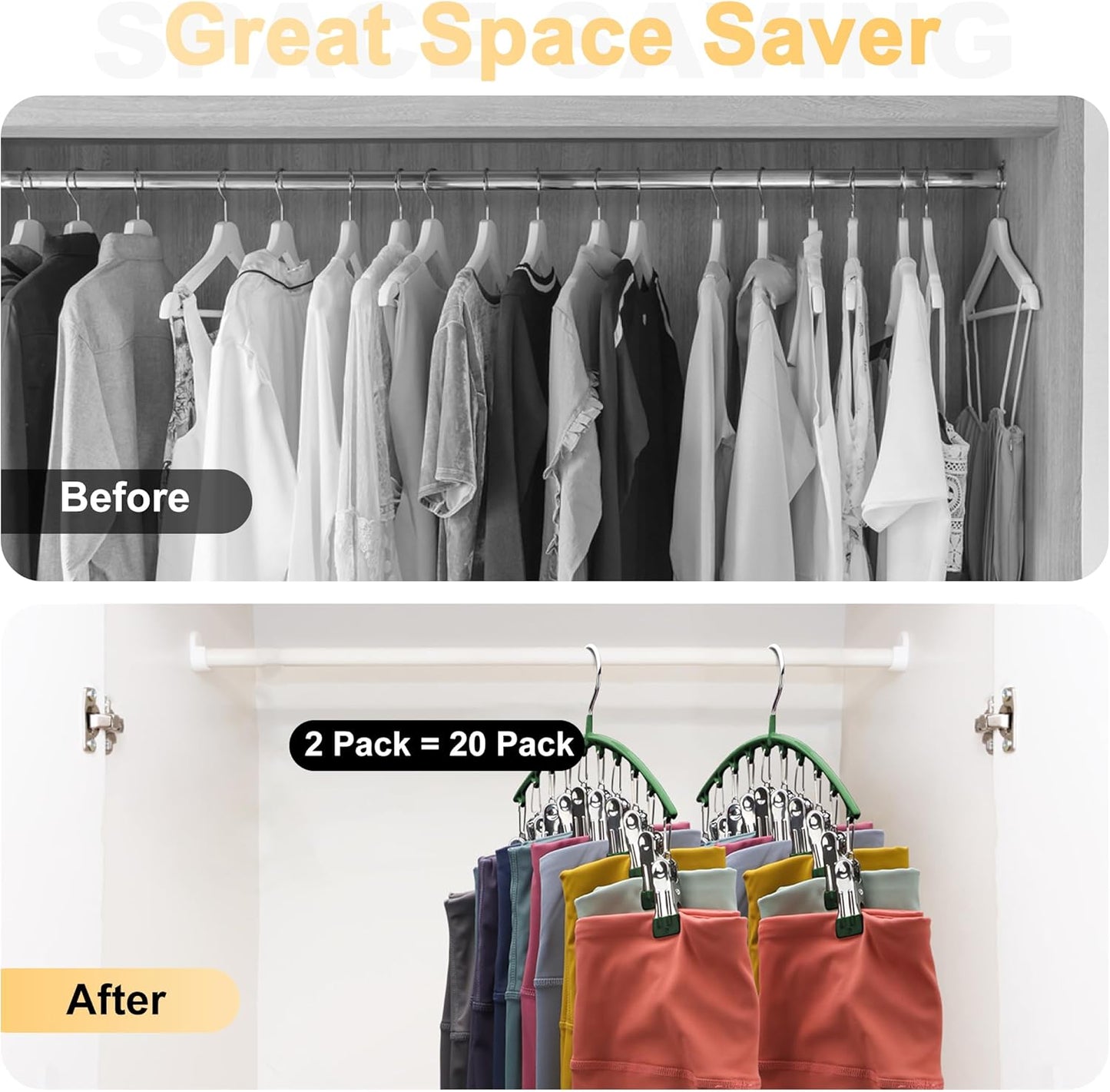 Legging Organizer for Closet, Metal Yoga Pants Hangers 2 Pack w/10 Clips Holds 20 Leggings, Space Saving Hanging Closet Organizer w/Rubber Coated Closet Organizers and Storage, Green