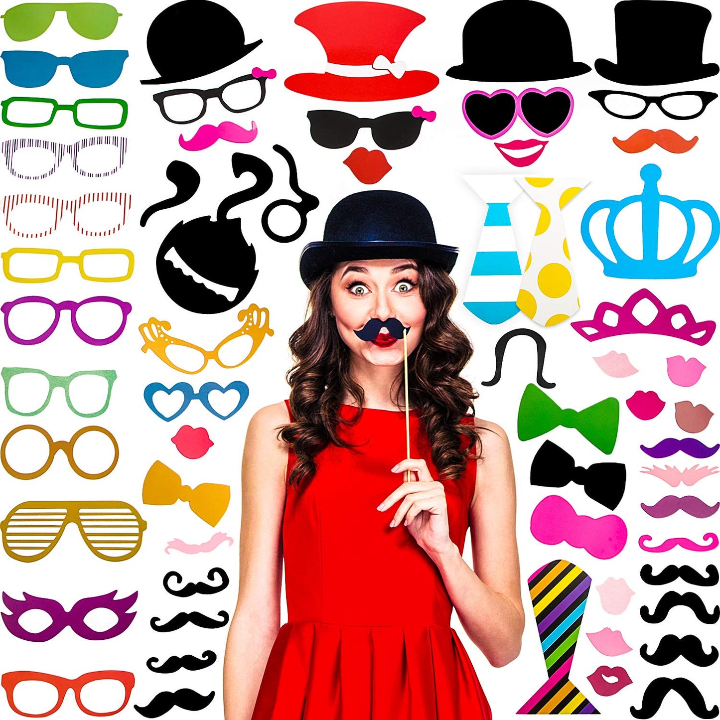 Gejoy 60 Pcs Photo Booth Props DIY Kit Funny Selfie Props Accessories for Grad Wedding Prom Party