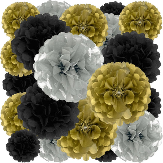 Tissue Paper Pom Poms, Black Gold Silver Tissue Paper Flowers, Hanging Flower Balls for Weddings Fiesta Parties Birthday Baby Showers Classroom Bridal Shower Decoration (18Piece Set-6/10/12/14Inch)