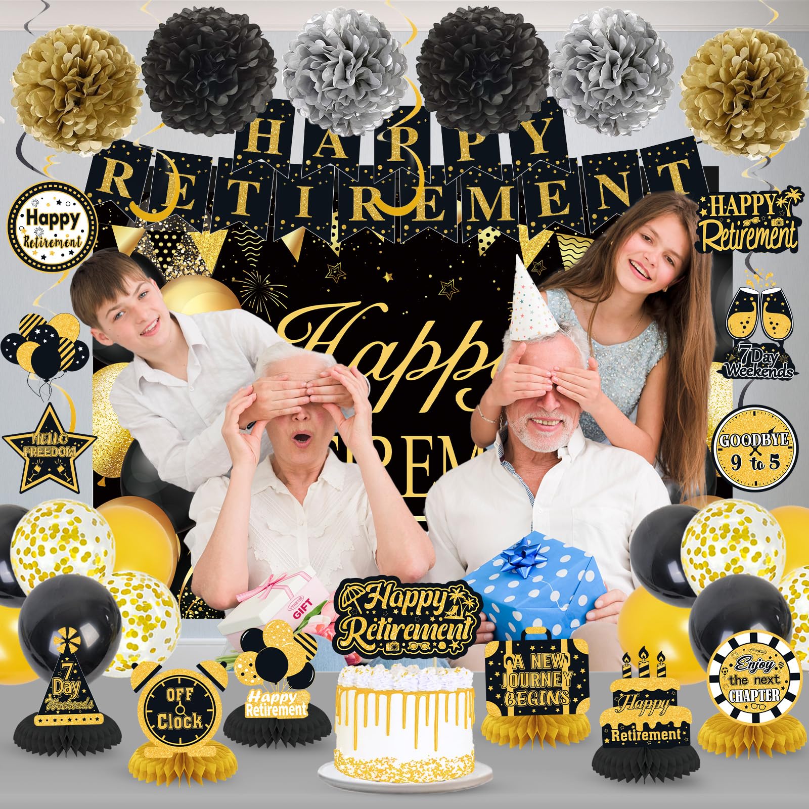 Retirement Party Decorations for Men Women Black Gold Happy Retirement Banner Backdrop Balloons