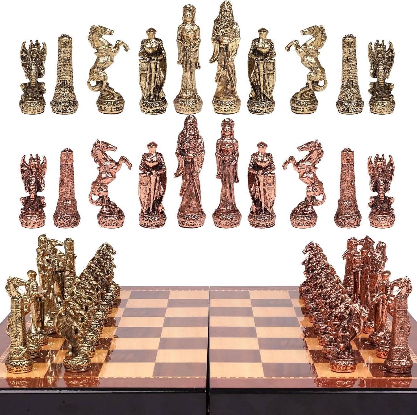 Vintage Figurine Chess Set for Adults and Kids - Wooden Board With Metal Pieces - Travel Chess Set - Collectible Elegant Game - Family Vintage Board Game