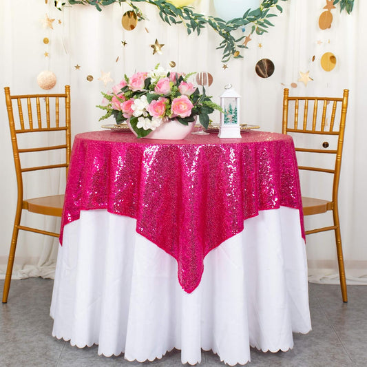 ShinyBeauty Sequin Tablecloth 54x54 Inches - Hot Pink Glitter Table Cover for Dining, Birthday Wedding Party Decorations, Reusable Sparkling Table Overlay Event Decoration