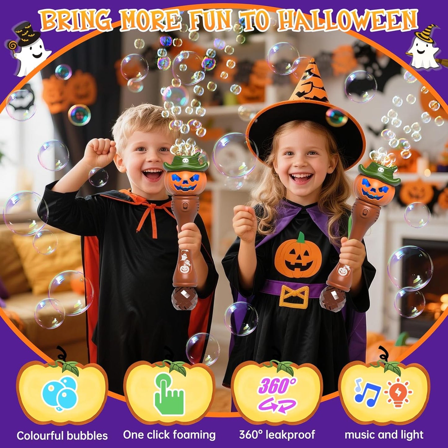 Halloween Bubble Machine Wand for Kids, Light up & Music Pumpkin Bubble Wand-2 Temporary Tattoos and 5 Bubble Solution, Halloween Boo Basket Stuffers for Toddlers Boys & Girls 3 4 5 6 7 8 + Years Old