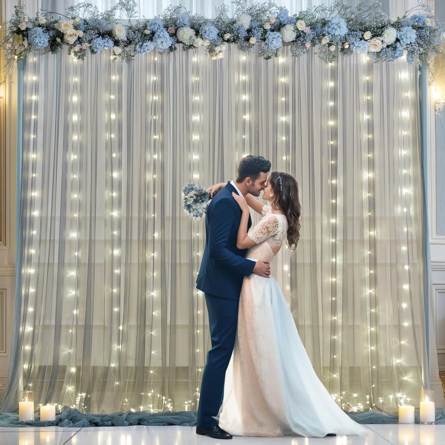 Silver Grey Tulle Backdrop Curtain with Lights String for Parites 10x8ft Sheer Backdrop Curtains for Birthday Party Bridal Shower Baby Shower Wedding Ceremony Prom Photo Booth Background Decorations