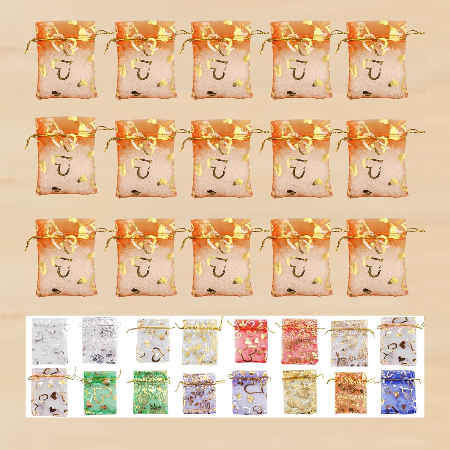 QIANHAILIZZ 100 Pack 2.8 x 3.5 Inch Flower Heart Organza Jewelry Gift Pouch Candy Pouch Drawstring Wedding Favor Bags B511S (orange gold heart)