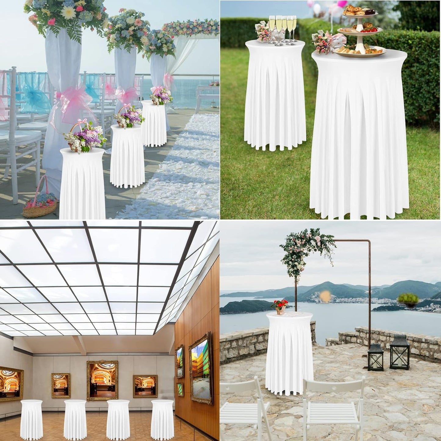 Cocktail Table Covers - 2 Pack 32"x 43" White Cocktail Table Tablecloth with Natural Wavy Round Skirt for Bar Wedding Party Banquet