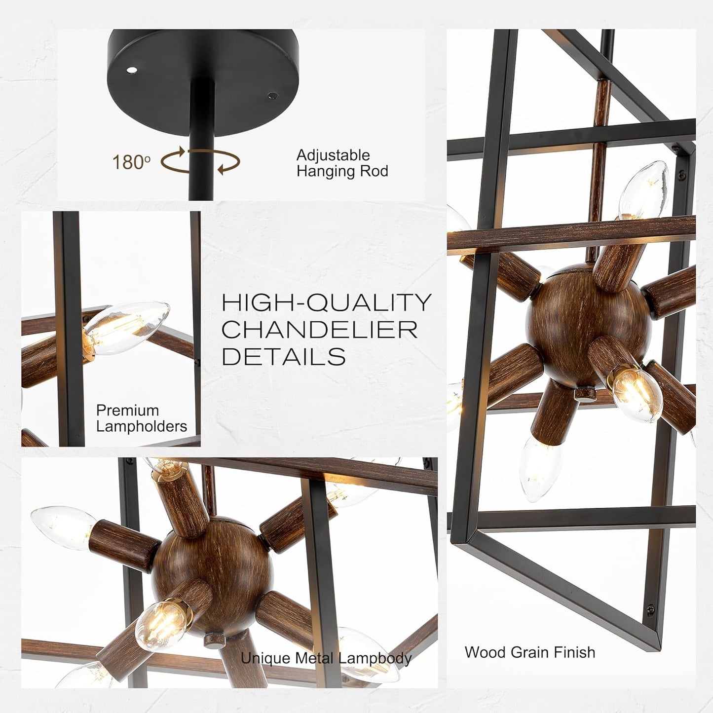 8-Light Wood Grain and Vintage Black Sputnik Chandelier, 18.9'' Industrial Pendant Lighting Fixture for Dining Room