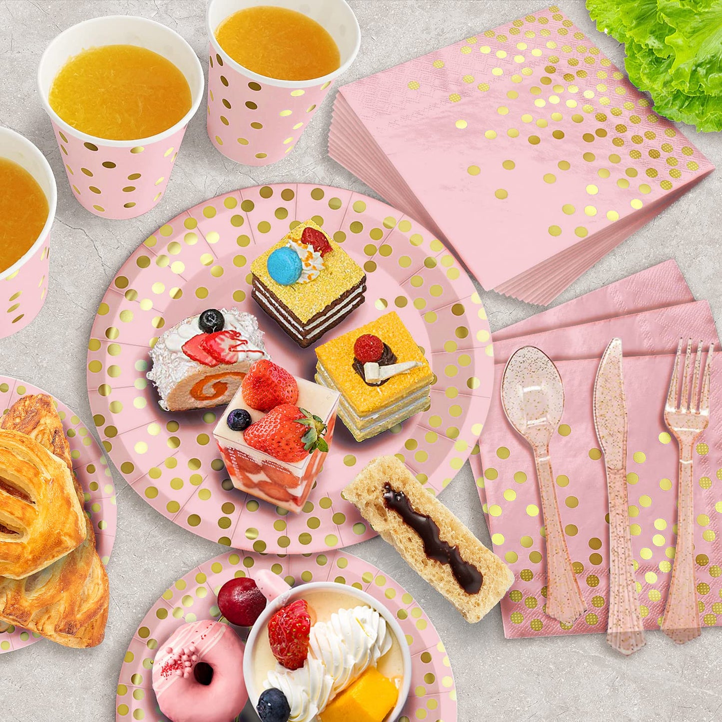 AIRE Pink Gold Paper Plates, 175PCS Disposable Dinnerware Set for 25 Guests