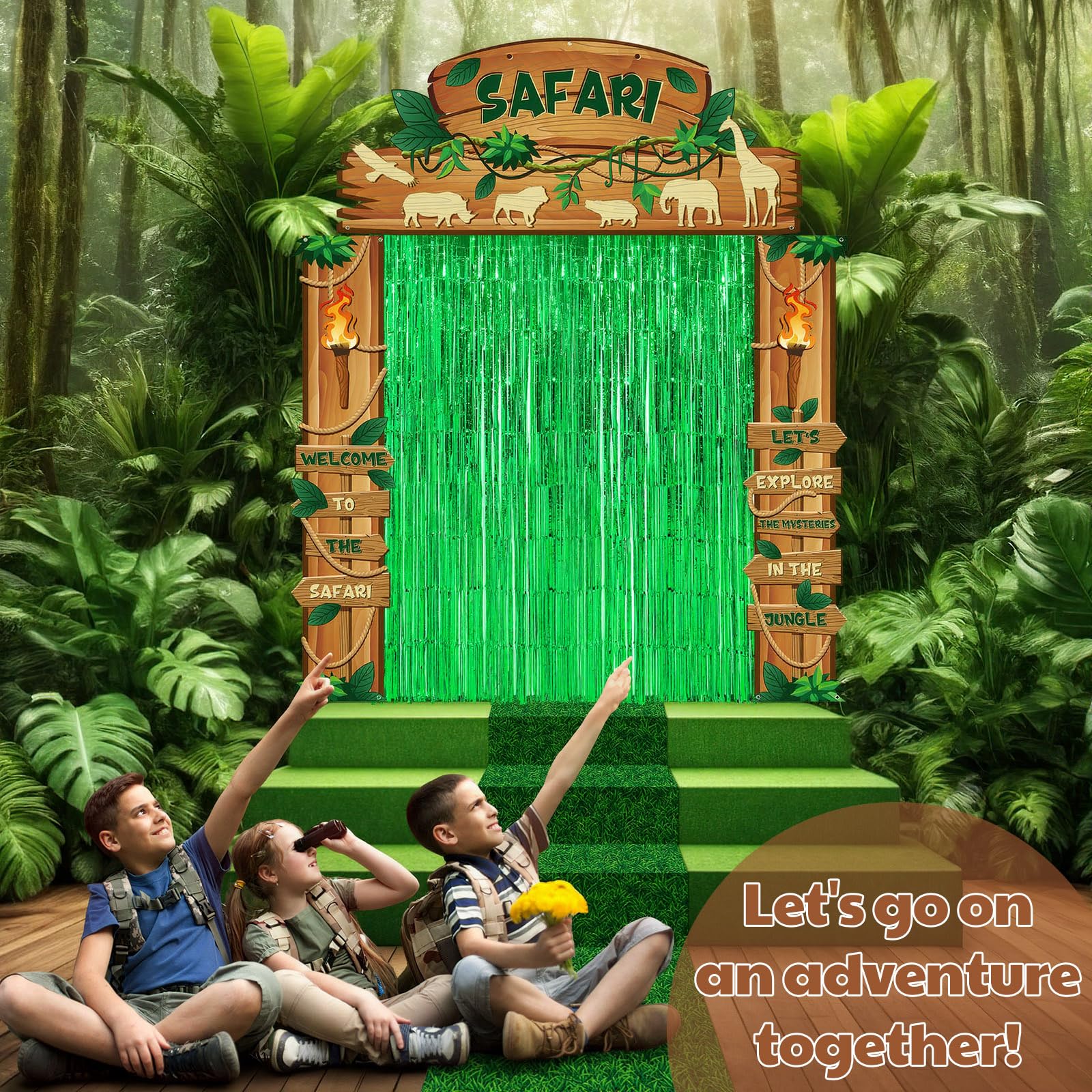 VitalCozy 7 Pcs VBS 2026 Safari Jungle Door Banner Foil Fringe Curtain Rug