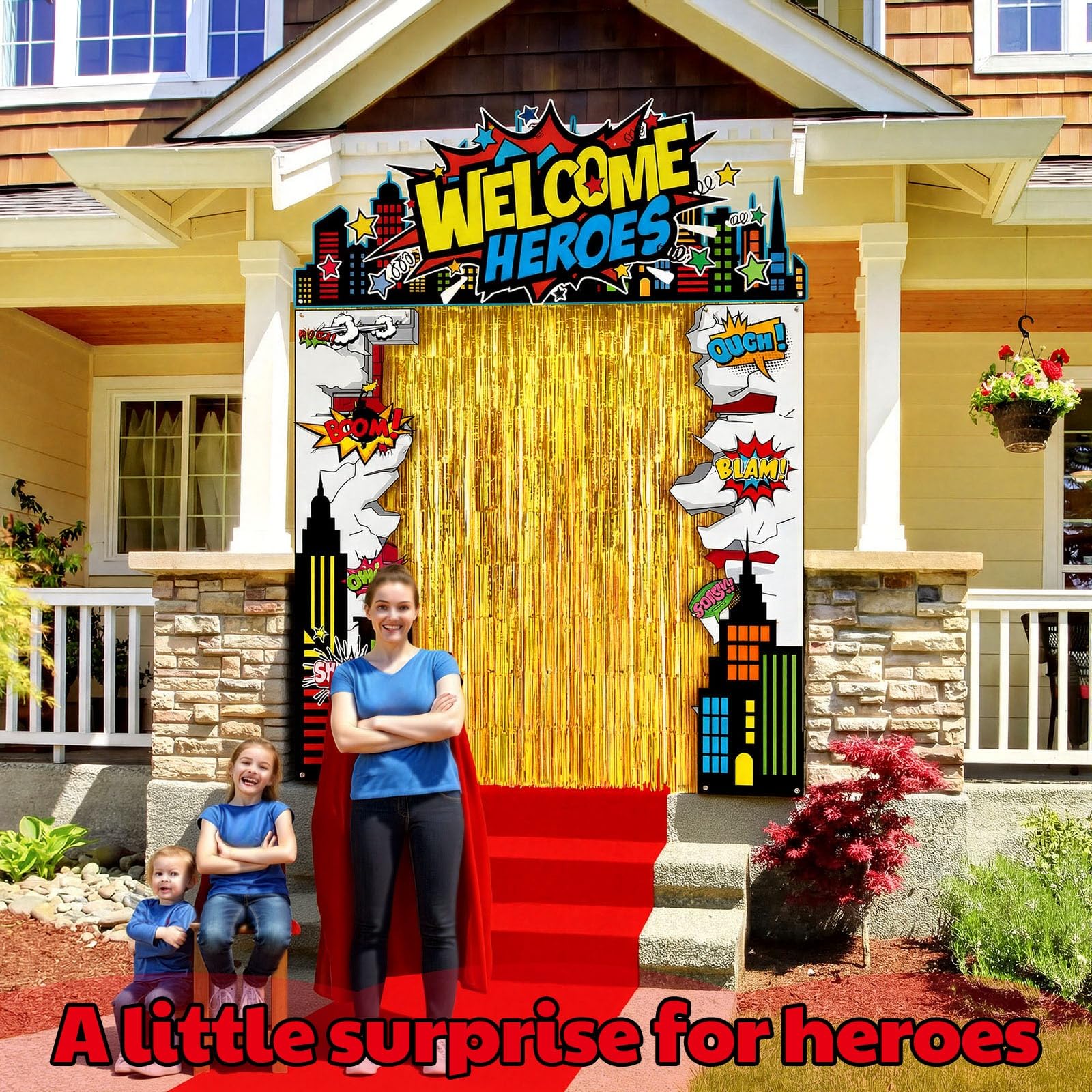 VitalCozy 7 Pcs Hero Party Backdrop Banner Gold Fringe Curtain Decor