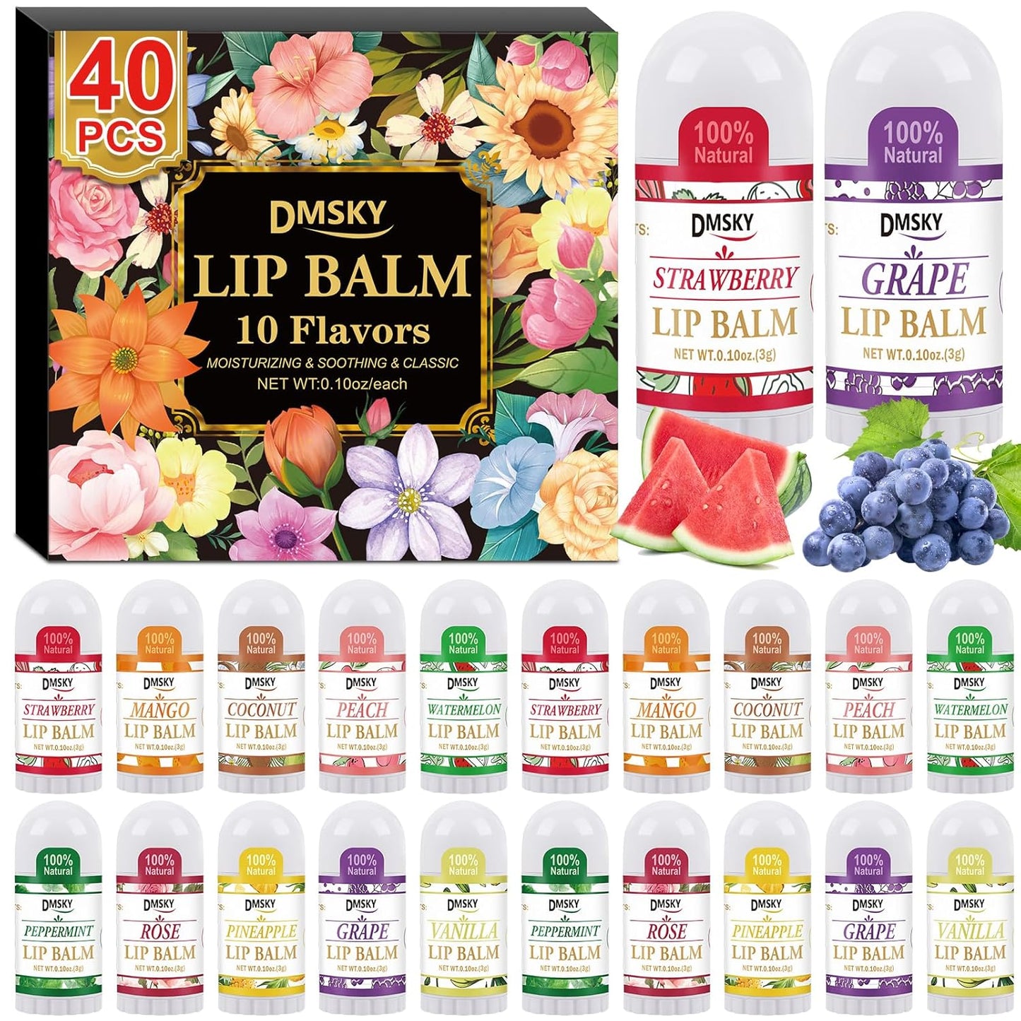 DMSKY 40 Pack Mini Lip Balm, Natural Lip Balm Bulk with Vitamin E and Coconut Oil, Moisturizing Lip Balms for Dry Cracked lips - 10 Flavors