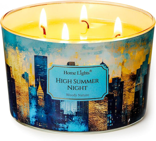 HomeLights High Summer Night Scented Candles | 18oz Soy Candles Industrial Chic 4-Wick Large Candle Jars | Ideal Candle Gifts for Events, Home Decor Stress, Relief & Relaxation